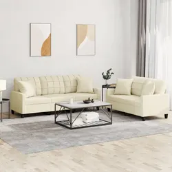 2 Piece Sofa Set with Throw Pillows Cream Faux Leather Lounge Suite Couch