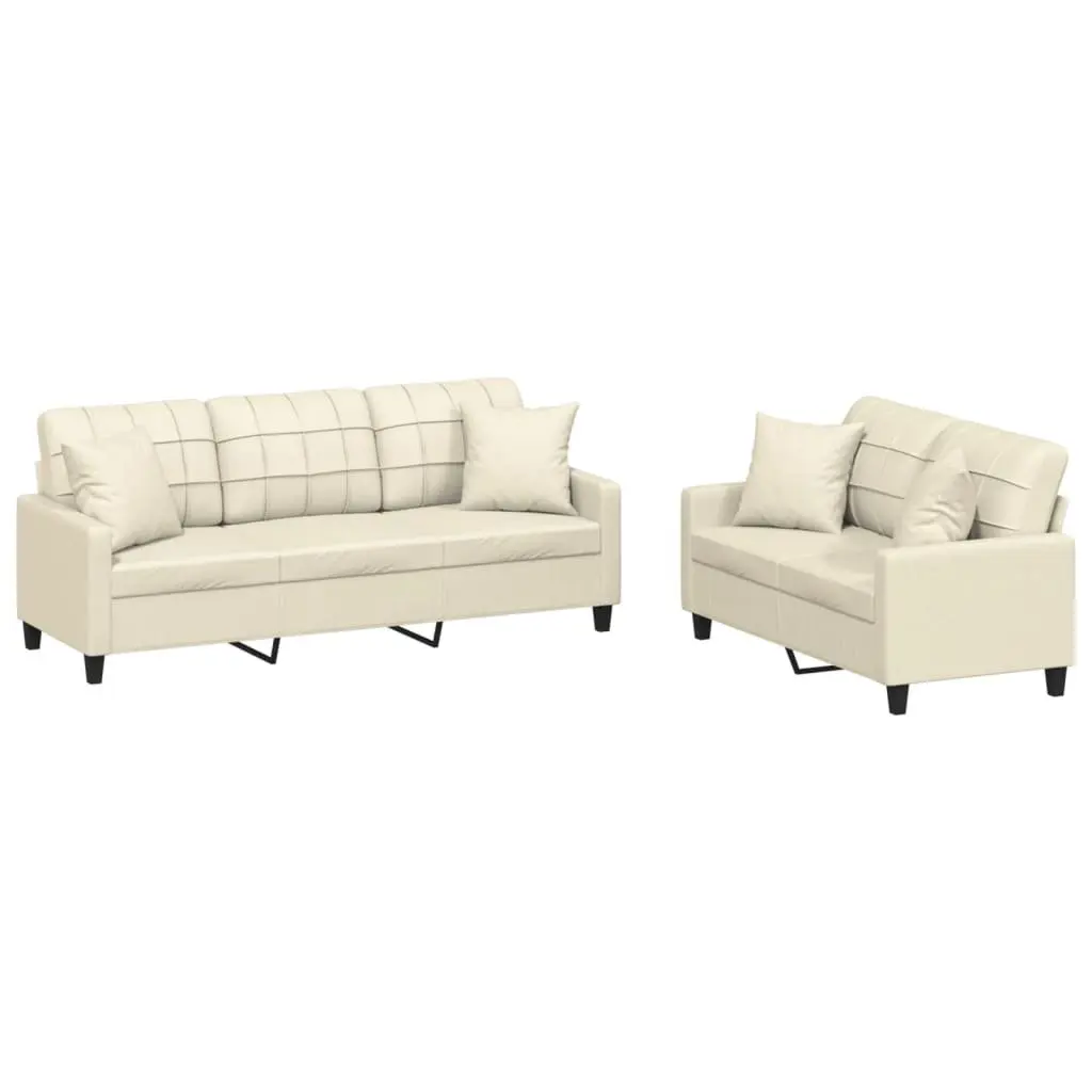 2 Piece Sofa Set Faux Leather Cream Lounge Suite with Throw Pillows