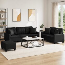 3 Piece Sofa Set Black Faux Leather Couch Living Room Furniture with Pillows
