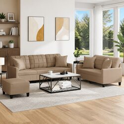 3 Piece Sofa Set with Throw Pillows Footstool Brown Faux Leather Living Room