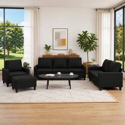 4 Piece Sofa Set with Footstool Cushions Black Faux Leather Living Room