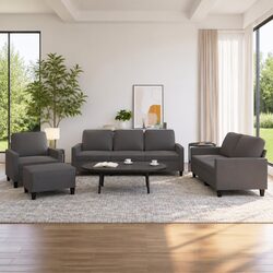 4 Piece Sofa Set Grey Faux Leather Lounge Suite with Cushions Footstool