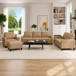 4 Piece Sofa Set with Footstool Cushions Brown Faux Leather Living Room