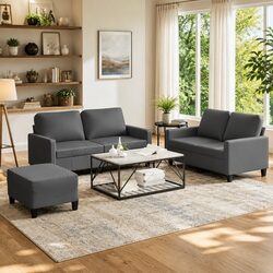 3 Piece Grey Sofa Set with Footstool Cushions Faux Leather Living Room Furniture