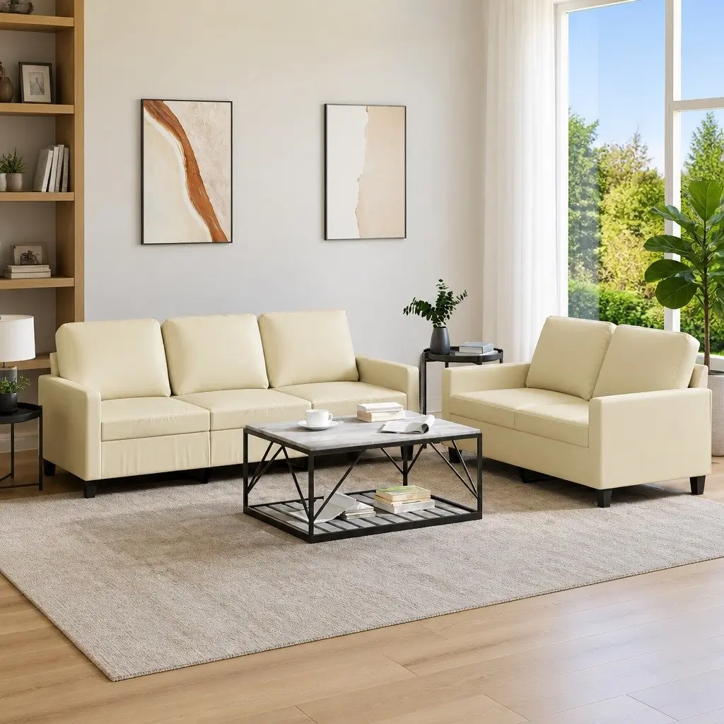 2 Piece Sofa Set Faux Leather Cream Living Room Furniture