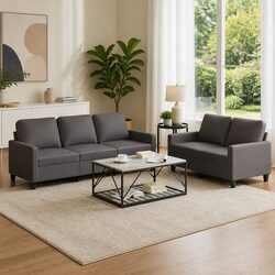 2 Piece Sofa Set Grey Faux Leather Living Room Furniture Seating with Cushions