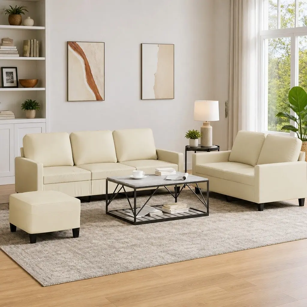 3 Piece Sofa Set Faux Leather Cream Living Room Furniture Seating