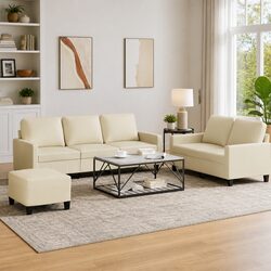 3 Piece Sofa Set with Footstool Cream Faux Leather Living Room Furniture Seating