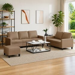 3 Piece Sofa Set with Footstool Cushions Brown Faux Leather Living Room