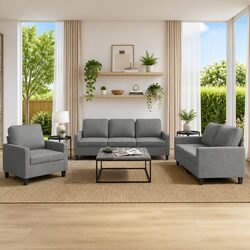 3 Piece Sofa Set Grey Fabric Living Room Furniture Lounge Seating with Cushions
