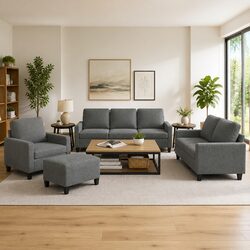 4 Piece Sofa Set with Footstool Grey Fabric Lounge Suite Living Room Furniture