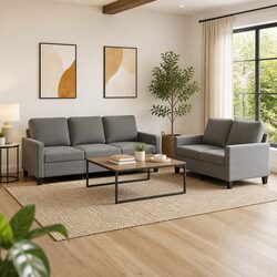 2 Piece Grey Fabric Sofa Set with Cushions for Living Room Seating