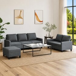 3 Piece Sofa Set with Footstool Grey Fabric Lounge Suite Living Room Furniture