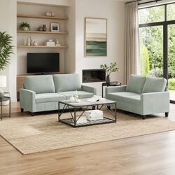 2 Piece Sofa Set Grey Velvet Cushioned Lounge Couch Living Room Furniture