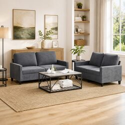 2 Piece Sofa Set Grey Velvet Padded Seat Armrests Living Room Furniture Lounge