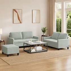 3 Piece Grey Velvet Sofa Set with Footstool Living Room Furniture Lounge Suite