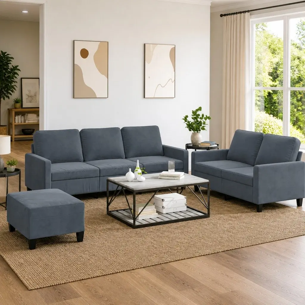 3 Piece Sofa Set Velvet Grey Living Room Furniture Lounge Suite