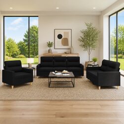 3 Piece Sofa Set Black Fabric Lounge Suite Cushioned Seat Couch Living Room