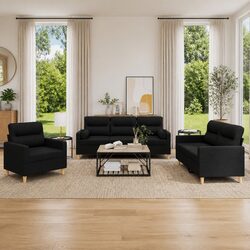 3 Piece Sofa Set Black Fabric Living Room Couch with Pillows Seating Furniture