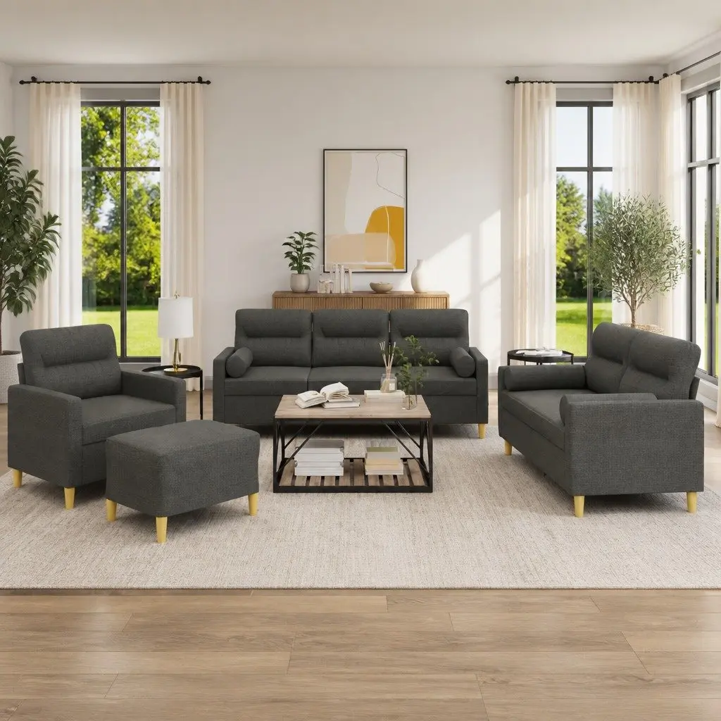 4 Piece Sofa Set Grey Fabric Sturdy Frame Thickly Padded Seating with Pillows Footstool