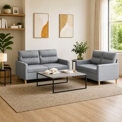 2 Piece Grey Fabric Sofa Set with Cushions Comfortable Living Room Furniture