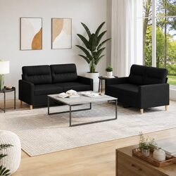 2 Piece Sofa Set Black Fabric Lounge Suite Cushioned Seats Living Room Furniture