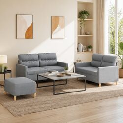 3 Piece Sofa Set with Footstool Grey Fabric Living Room Furniture Lounge Suite