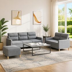 3 Piece Sofa Set with Footstool Grey Fabric Living Room Furniture Seating