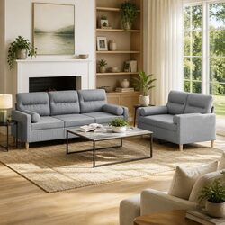 2 Piece Sofa Set Grey Fabric Living Room Couch with Pillows Comfortable Seating