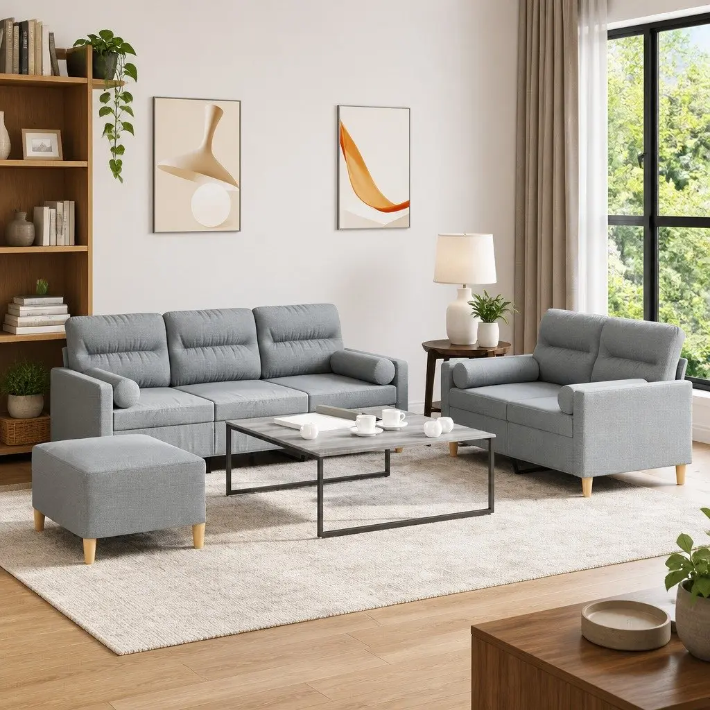 3 Piece Sofa Set Grey Fabric Couch with Pillows Footstool