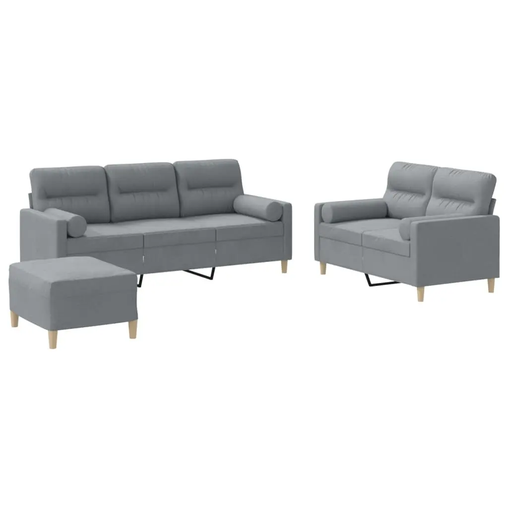3 Piece Sofa Set Grey Fabric Couch with Pillows Footstool