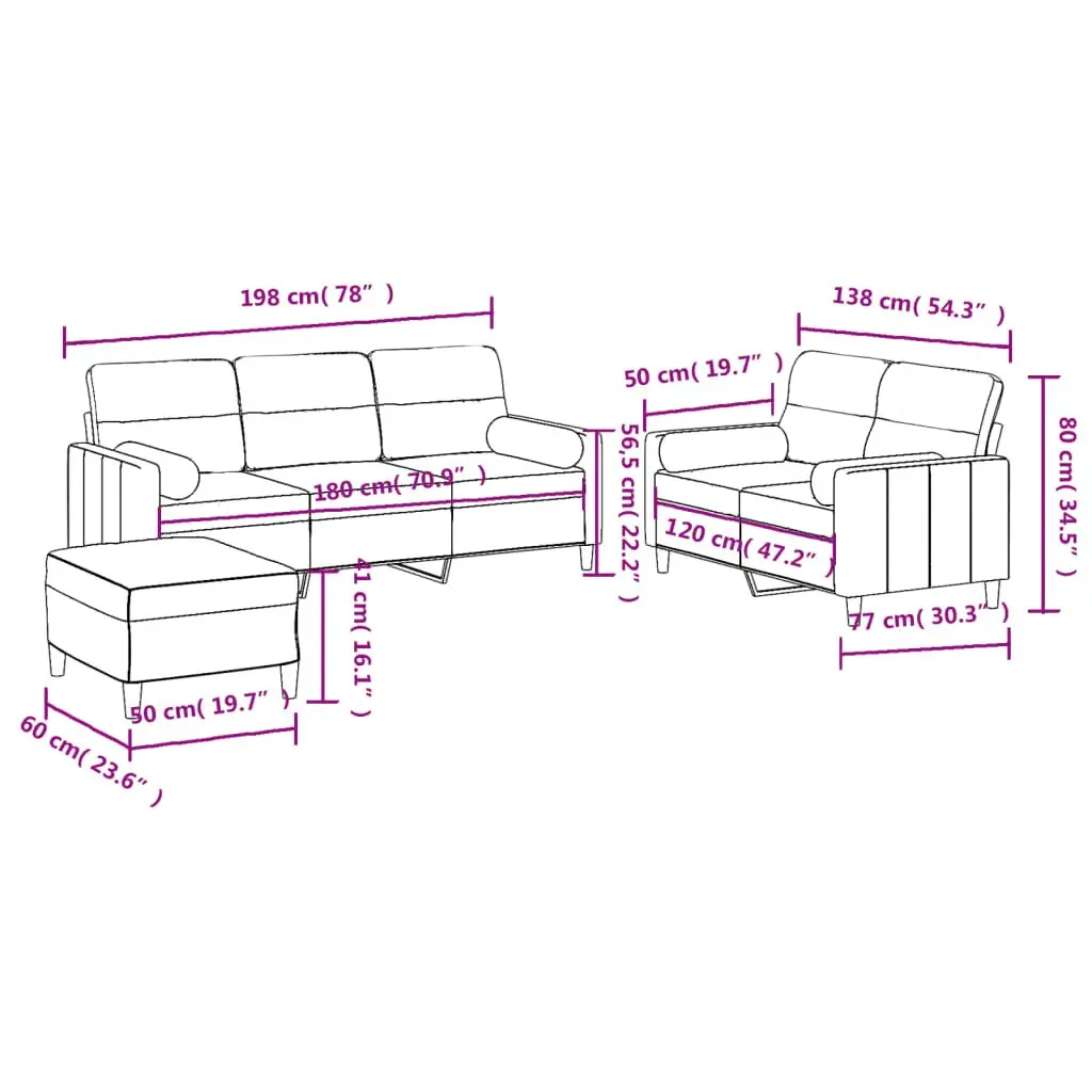 3 Piece Sofa Set Grey Fabric Couch with Pillows Footstool