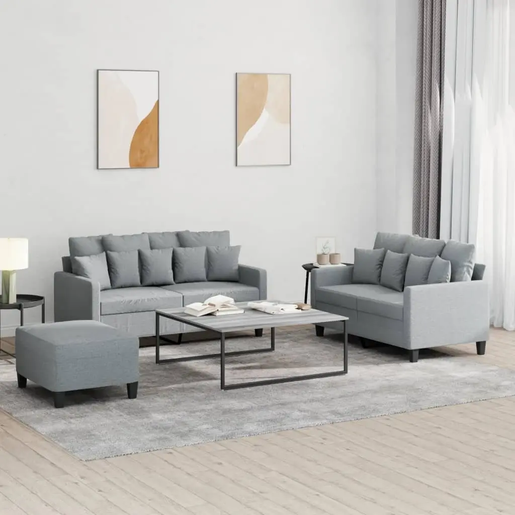3 Piece Sofa Set Grey Fabric Lounge with Cushions and Footstool Living Room