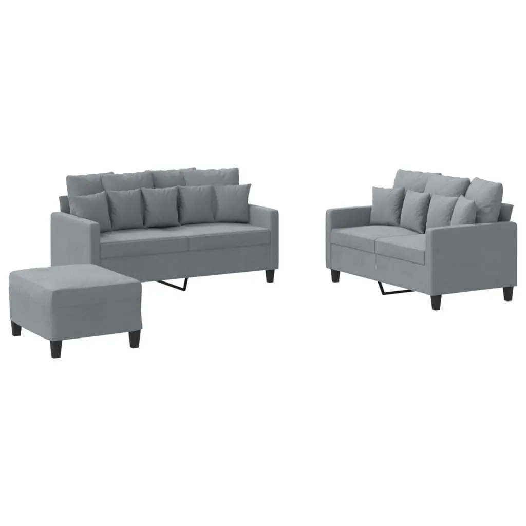 3 Piece Sofa Set Grey Fabric Lounge with Cushions and Footstool Living Room