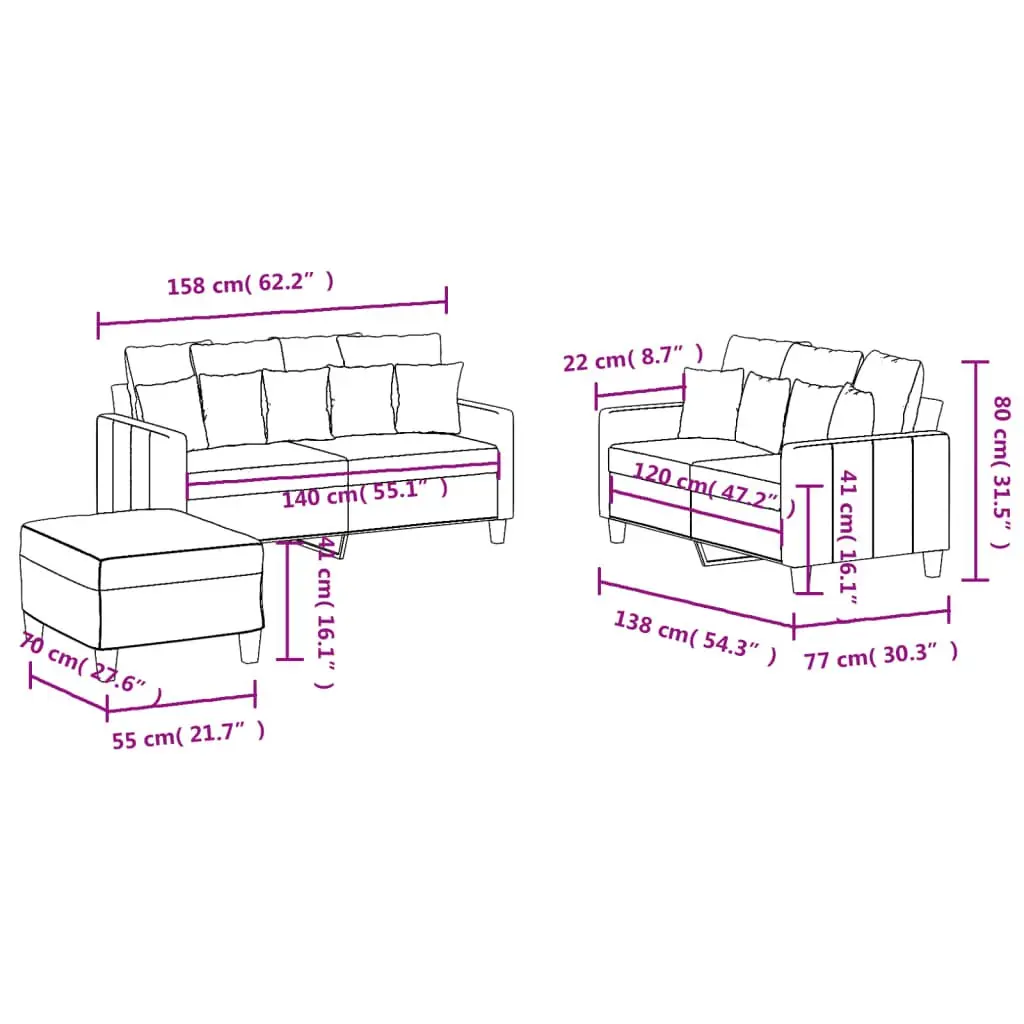 3 Piece Sofa Set Grey Fabric Lounge with Cushions and Footstool Living Room