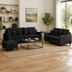 3 Piece Sofa Set with Footstool Cushions Black Velvet Living Room Furniture