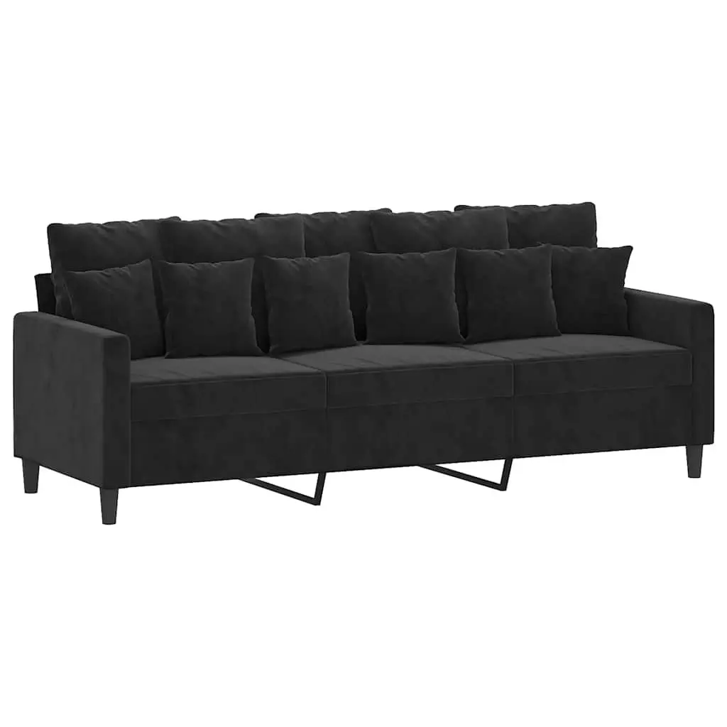 3 Piece Sofa Set with Footstool Cushions Black Velvet Living Room Furniture