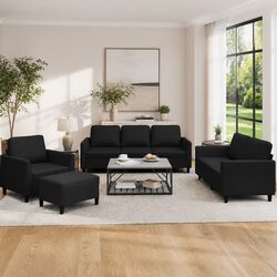 4 Piece Sofa Set with Cushions Footstool Black Faux Leather Living Room Seating