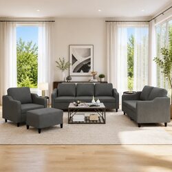 4 Piece Sofa Set with Cushions Grey Fabric Lounge Couch Armchair Footstool