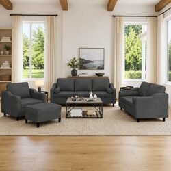 4 Piece Sofa Set Grey Fabric Lounge Suite with Pillows Footstool Living Room