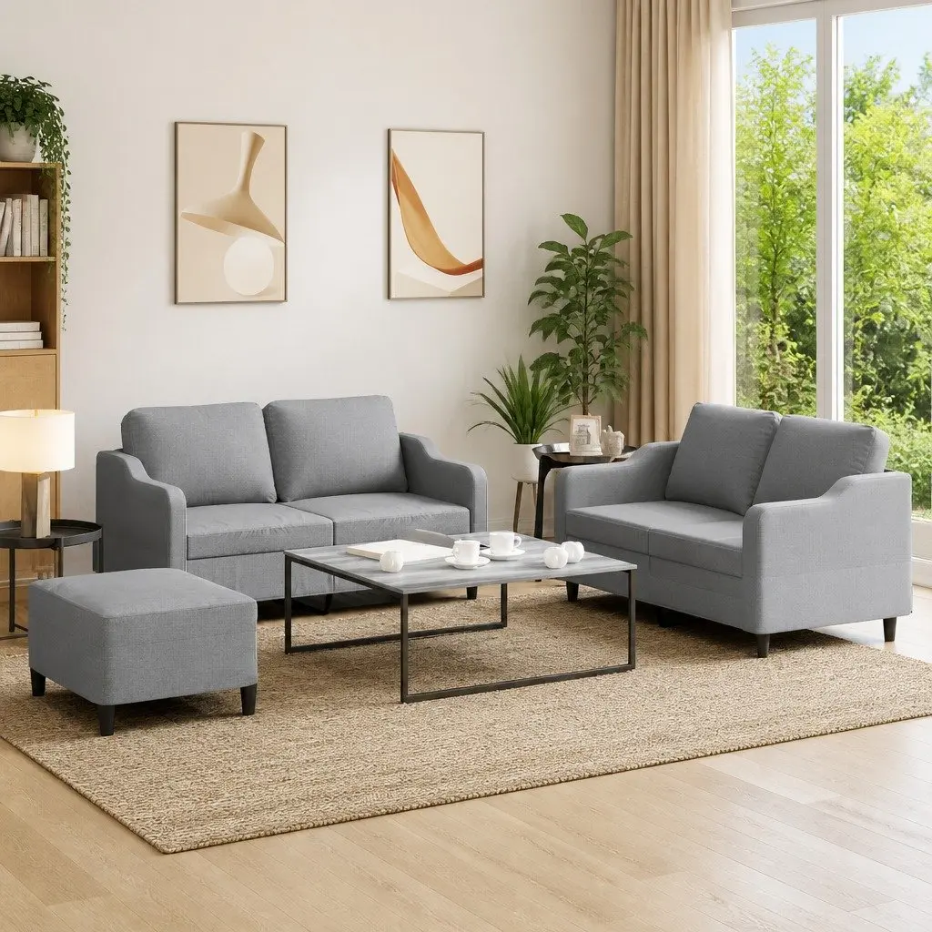 3 Piece Sofa Set Grey Fabric Lounge with Cushions Footstool Living Room