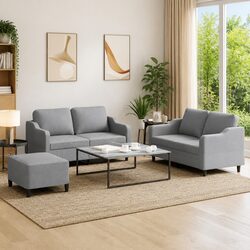 3 Piece Sofa Set Grey Fabric Lounge with Cushions Footstool Living Room