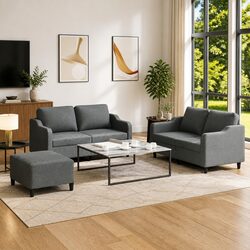 3 Piece Grey Fabric Sofa Set with Cushions and Footstool for Living Room