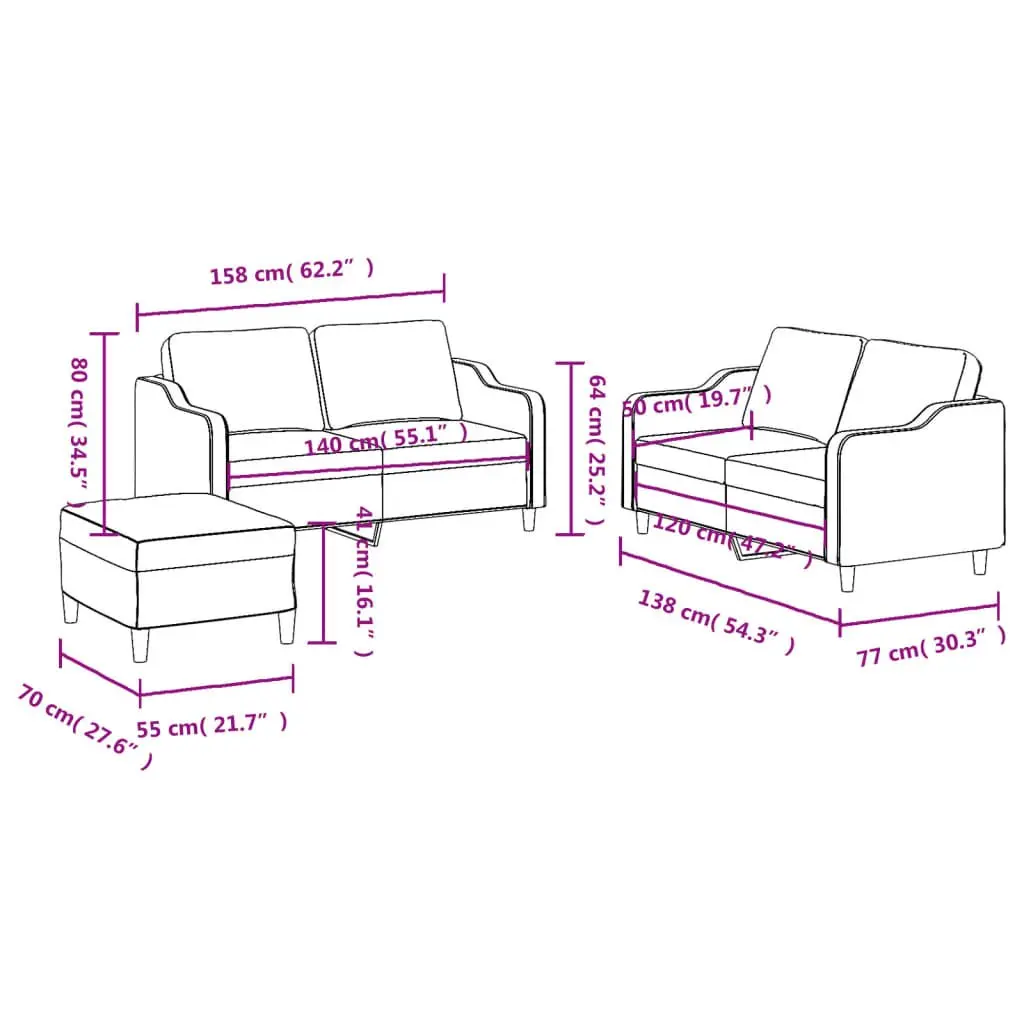 3 Piece Grey Fabric Sofa Set with Cushions and Footstool for Living Room