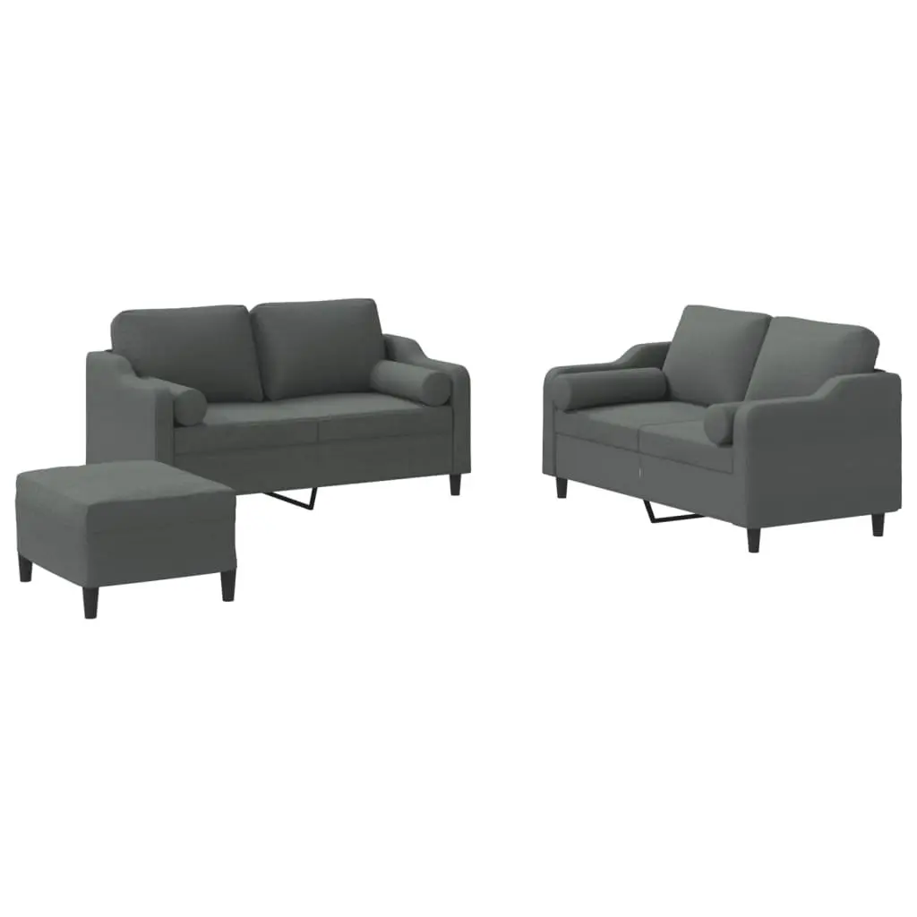 3 Piece Sofa Set with Footstool Padded Armrests Cylinder Pillows Grey Fabric
