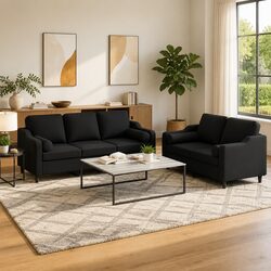2 Piece Sofa Set Black Fabric Lounge Suite with Pillows Living Room Seating