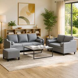 3 Piece Sofa Set with Footstool Padded Grey Fabric Living Room Lounge Pillows