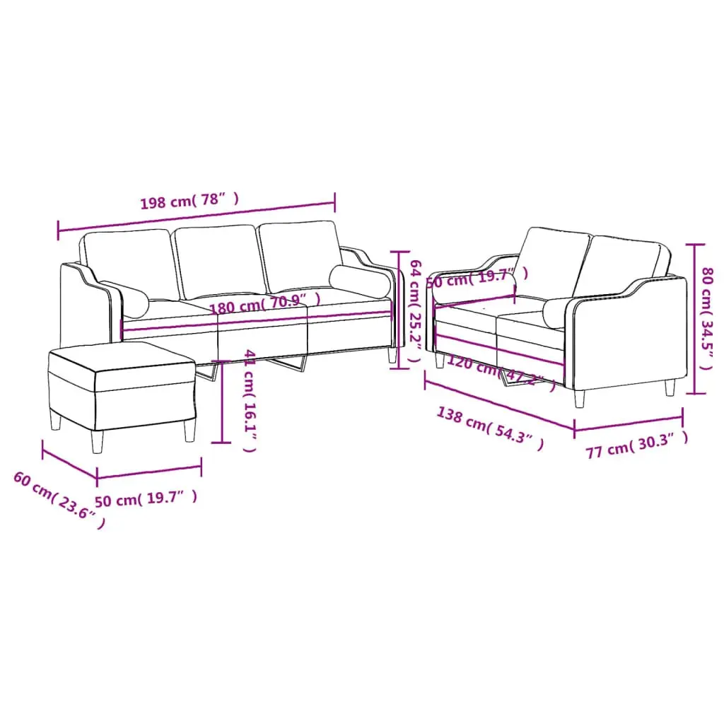 3 Piece Sofa Set with Footstool and Pillows Grey Fabric Living Room Furniture