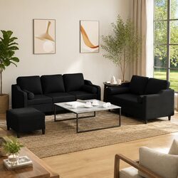 3 Piece Sofa Set with Pillows and Footstool Black Fabric Living Room Lounge