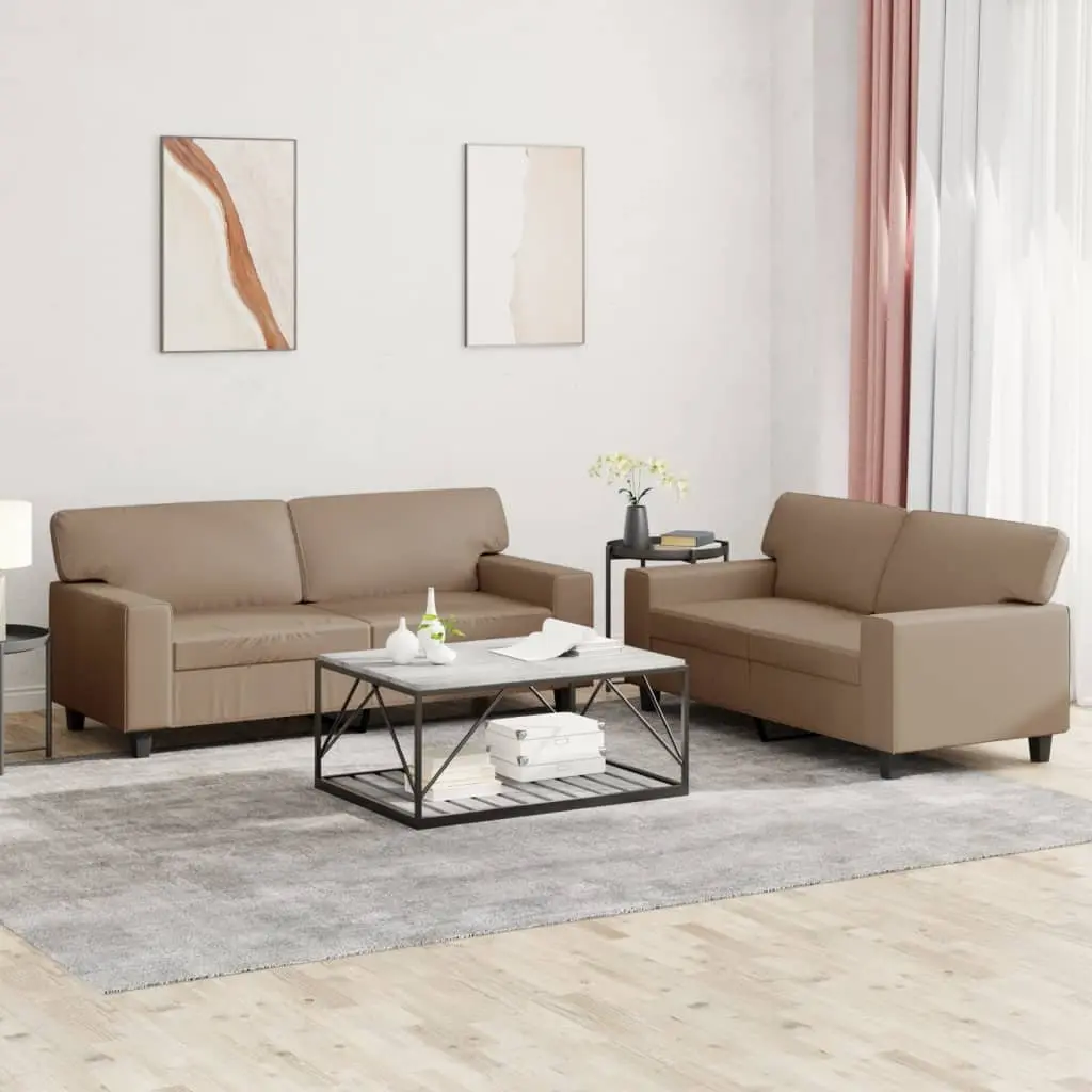 2 Piece Sofa Set Faux Leather Brown Living Room Lounge Suite Couch Seating